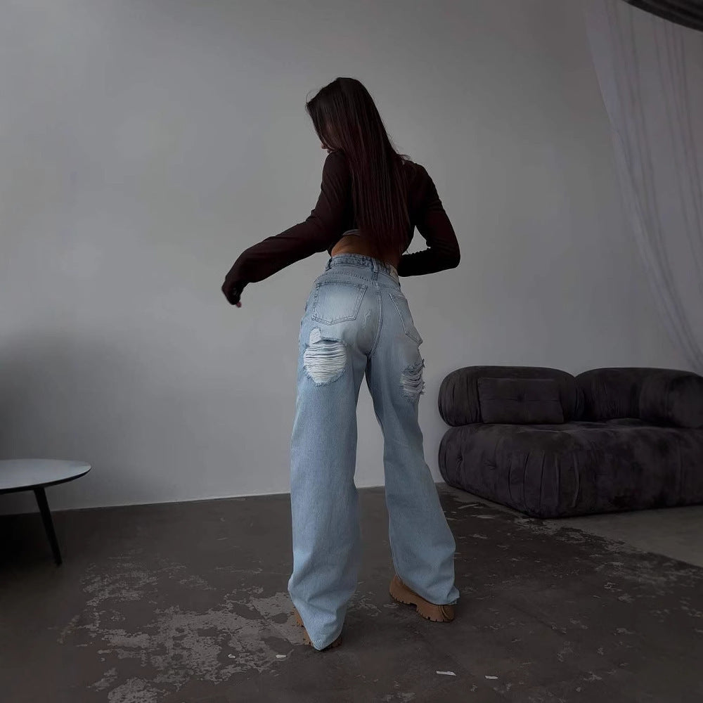 Jeans retrò piccante a vita alta dritto con mocio sul retro strappato