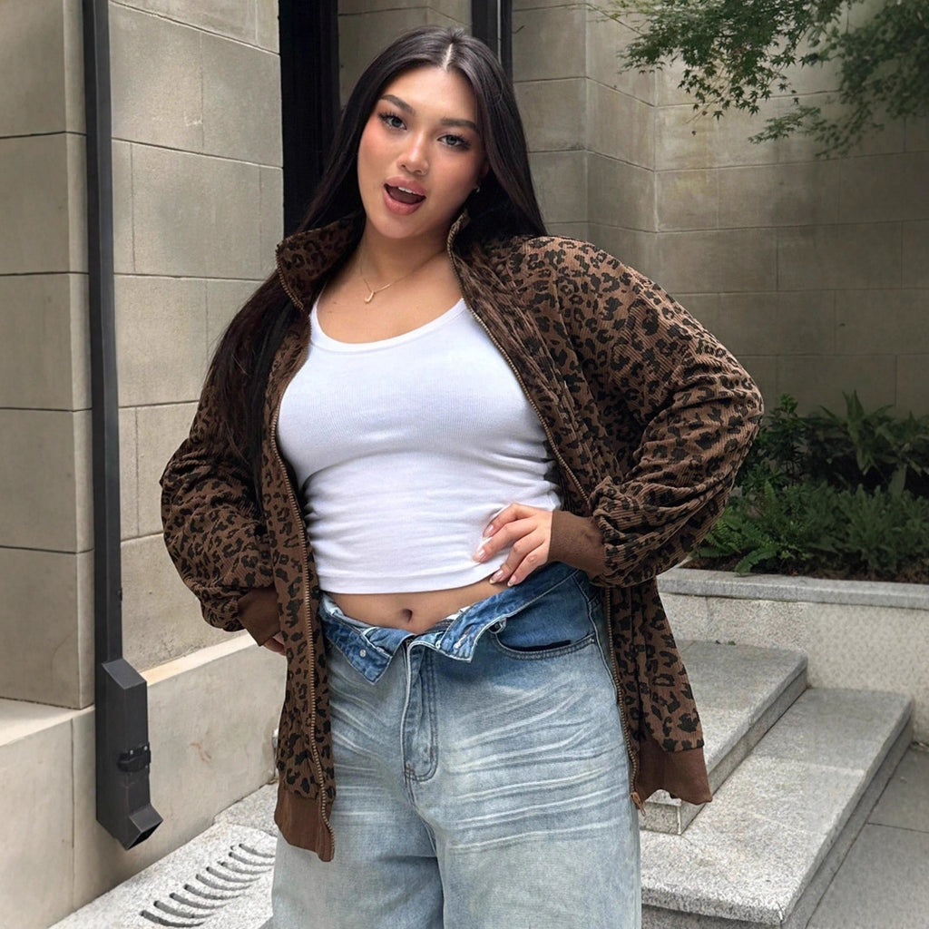 Felpa casual a maniche lunghe con zip in velluto a coste leopardato per donna