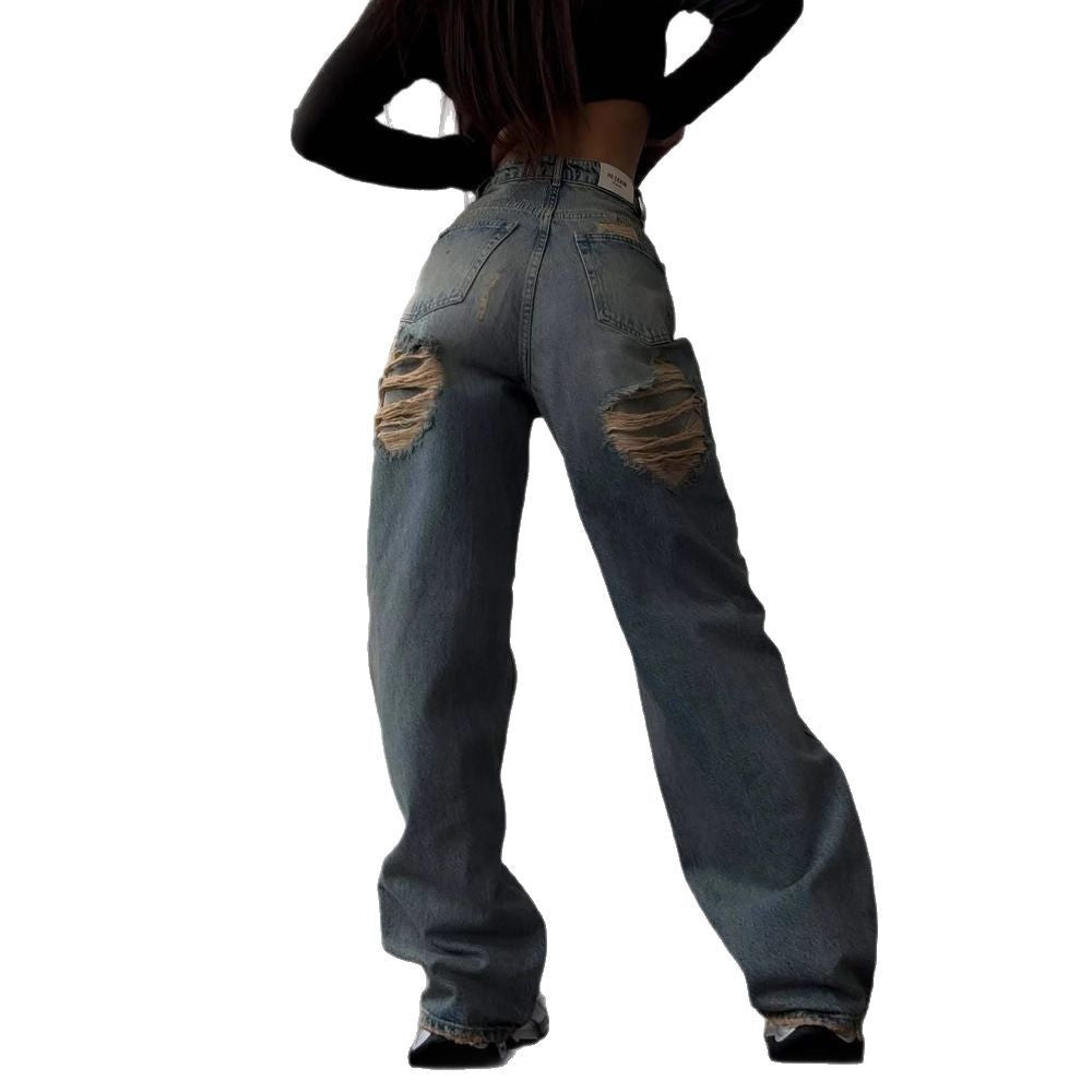 Jeans retrò piccante a vita alta dritto con mocio sul retro strappato